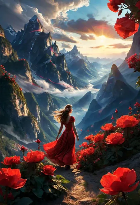 a woman in a red dress walking through a mountain valley