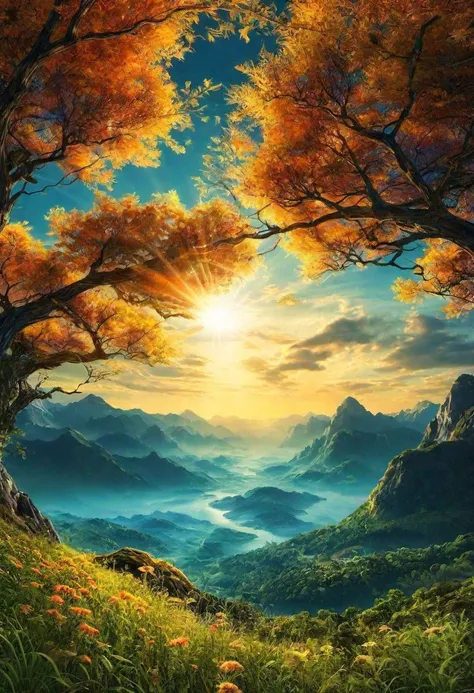 a painting of a beautiful sunset in the mountains with trees