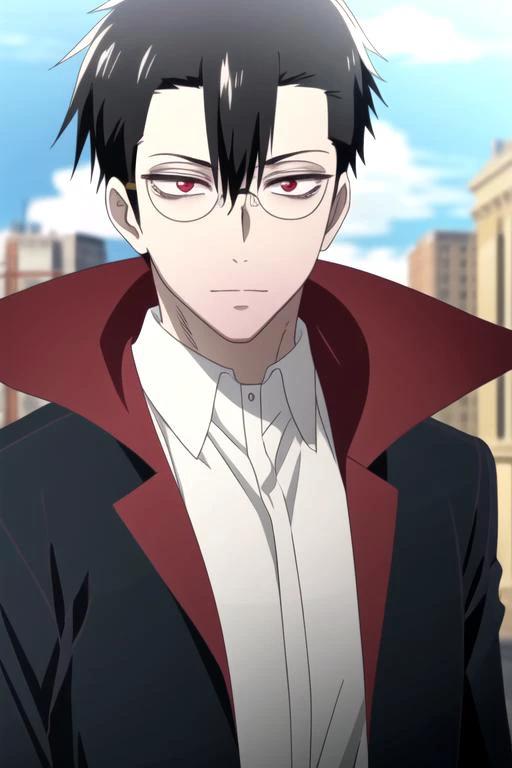 masterpiece, best quality, , 1boy, solo, male focus, looking at viewer, upper body, , , realistic, <lora:braz_d_blood:0.66>, braz_d_blood, black hair, red eyes, glasses,