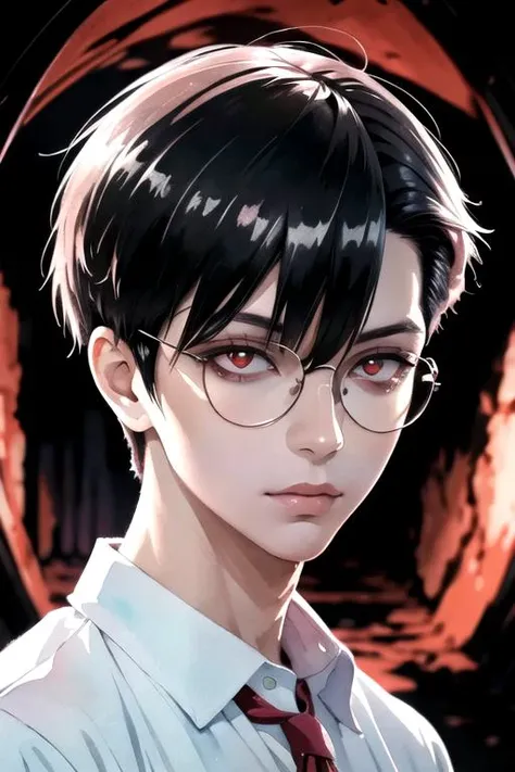 masterpiece, best quality, photorealistic, 1boy, solo, male focus, looking at viewer, upper body, depth of field, (watercolor illustration, soft pastel colors:1.1), realistic, <lora:braz_d_blood:0.72>, braz_d_blood, black hair, red eyes, glasses, , , dark ...