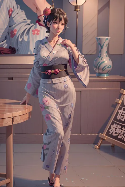 there is a woman in a kimono standing in a room