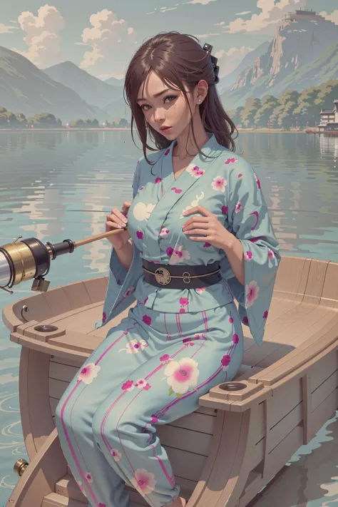 painting of a woman in a blue kimono sitting in a boat