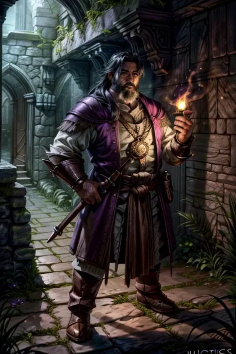 a man in a purple coat holding a lit candle