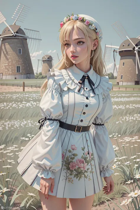 blond girl in a white dress and a flower crown standing in front of windmills