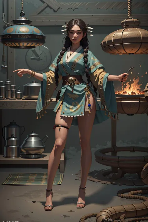 a woman in a blue dress standing in front of a stove