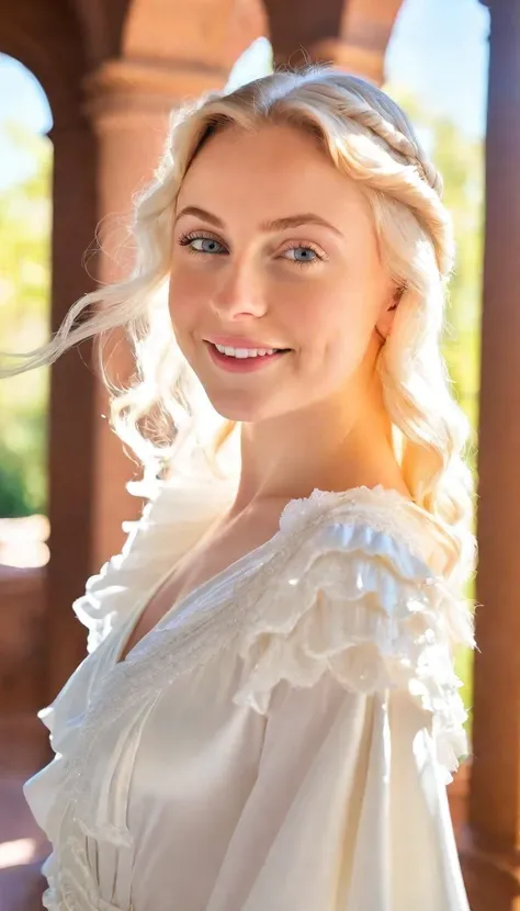 a woman with blonde hair and a white dress posing for a picture