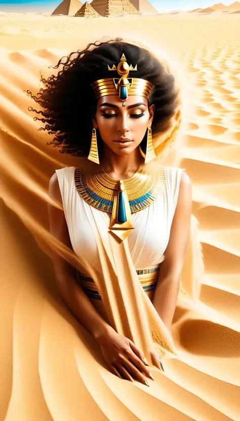 a woman in a white dress and gold jewelry in the desert