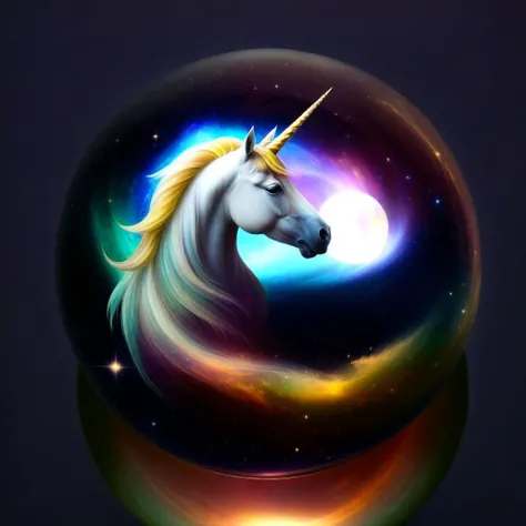 glass orb, unicorn head, cosmic, dreamy, fantasy