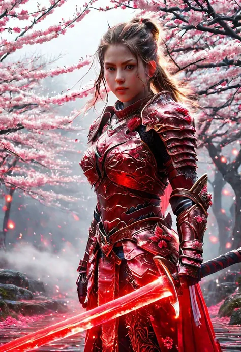 a woman in armor holding a sword in a forest