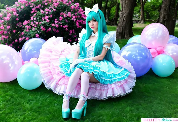 araffe girl in a dress sitting on a bench with balloons