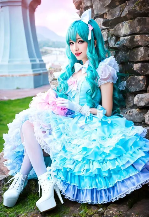 a close up of a woman in a dress sitting on a stone wall