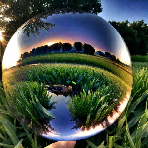 glass orb, duck, farm, sunrise, summer, intricate details in every corner