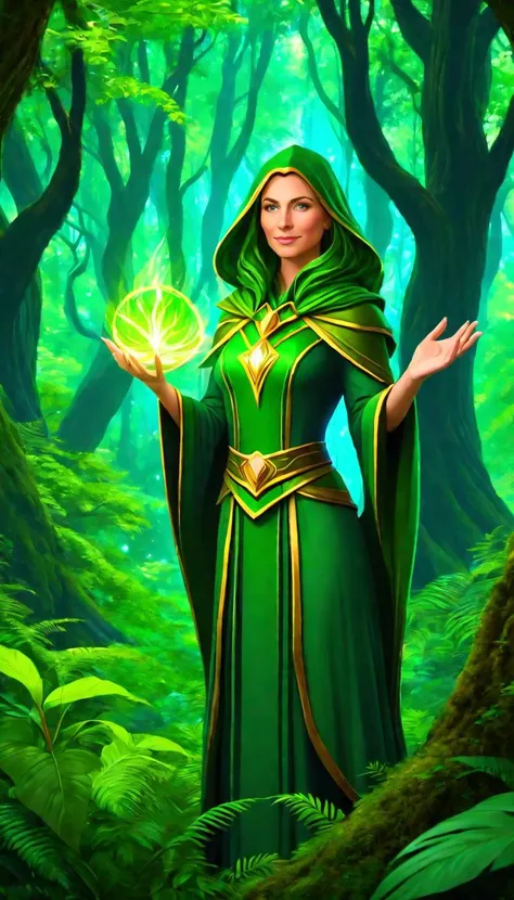 a woman in green dress standing in the woods with her hands out