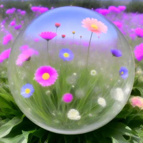 there is a glass ball with flowers inside of it on the grass