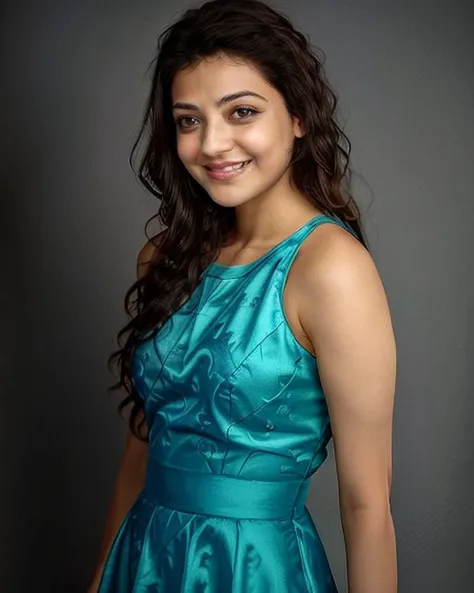 a close up of a woman in a blue dress posing for a picture