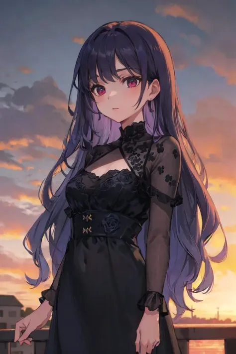 a woman with long purple hair and a black dress standing on a bridge