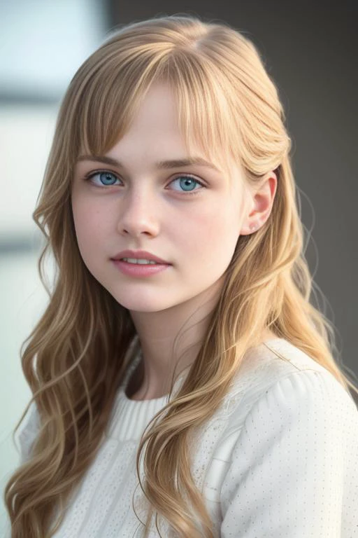 a close up of a woman with long blonde hair and blue eyes