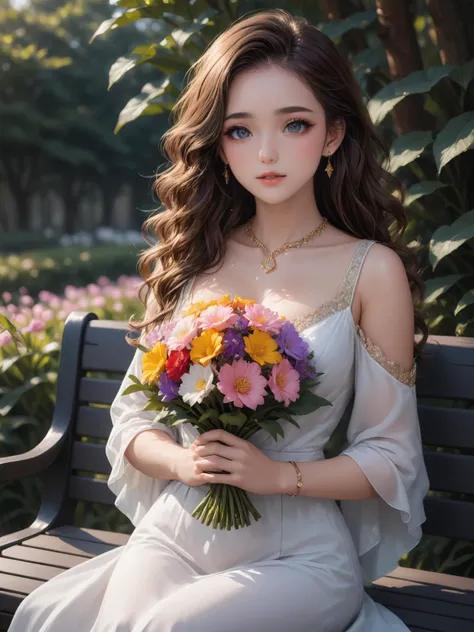 on a sunny afternoon,Japan,Yokohama,Ura Yama Garden,Back Mountain Garden,sea of flowers,flower field,sit on the bench,(holding_bouquet:1.5),holding a dazen of hpflower,petals in the hand,looking_at_hands,front view,full_shot,
casual chiffon dress,stud earr...