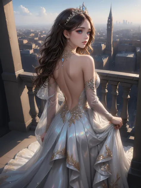 The princess leaned against the railing of the balcony,looking down at the multitude of her subjects in the city below,wearing a white long dress adorned with silver decorations,and a glittering silver tiara on her head,glass high heels on her feet,The she...