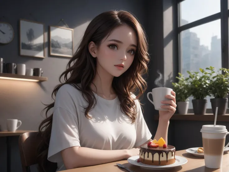 cafe,wearing a white t-shirt and an orange hip wrap dress,sitting_on_chair,coffee in hand,watching your phone while drinking coffee,cake and salad on the table,
a woman in her twenties,eastern european women,brown hair,brown eyes,long hair,female,solo,shin...