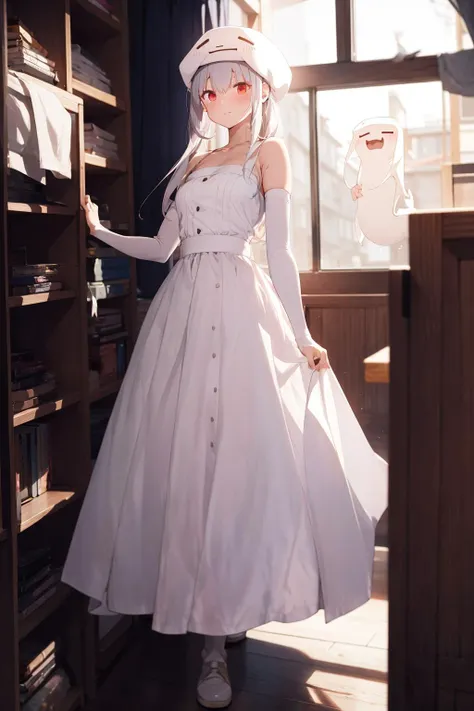 arafed woman in a white dress and hat standing in front of a bookcase