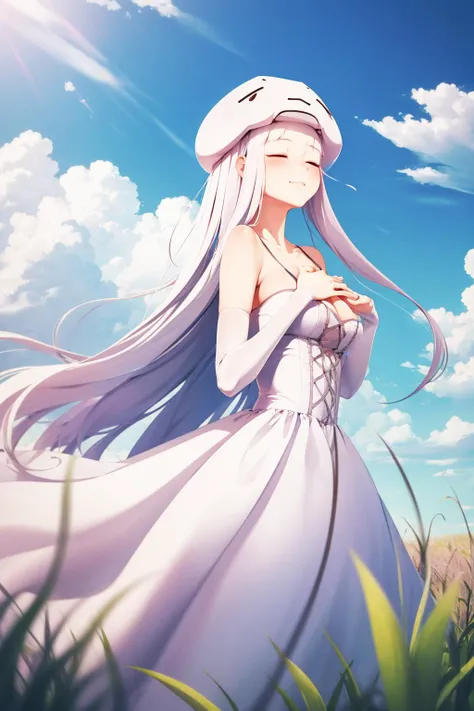 masterpiece, best quality, Ghast-chan, dress, white dress, floating in midair, flying, sky, clouds, trees, field, closed eyes, hands to chest <lora:Ghast:1>