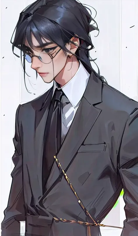 samdoesarts style, Men, masculine, asian, boy, tall, anime style, realistic, beautifull, detailed, realistic, realistic face, black suit with medium gray stripes, man, long black hair, messy long hair, woman hair, and tie holding a small coffin, black suit...