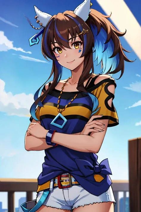 (masterpiece, best quality:1.2), solo, 1girl, daitaku helios, smile, looking at viewer, crossed arms, side ponytail, ear covers, hairclip, blue shirt, short sleeves, white shorts, earrings, necklace, bracelet, horse tail <lora:umamusume_daitakuhelios:1>