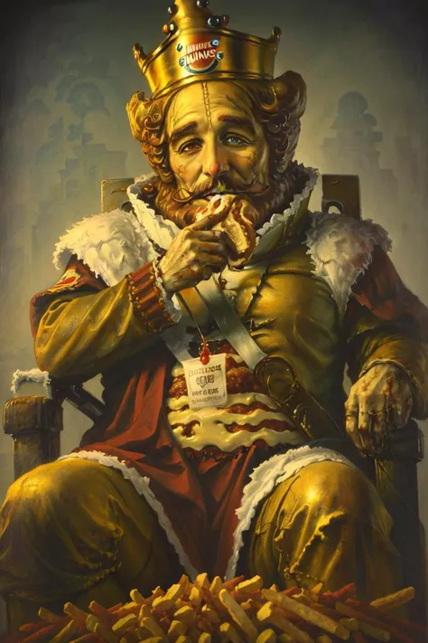 a painting of burgerking mascot "KING" eating a long chicken sandwich while sitting on the iron throne, ((throne made of french fries)), by dzawadzki, (masterpiece), ((4k)), High quality, sitting on a pile of corpses, skulls surrounding background, dark ho...