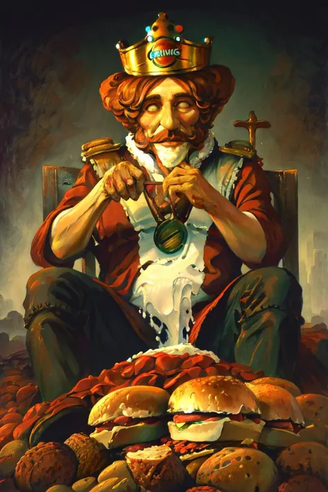 a painting of burgerking mascot "KING" eating a long chicken sandwich while sitting on a pile of bodies, by dzawadzki, (masterpiece), ((4k)), High quality, sitting on a pile of corpses, skulls surrounding background, dark horror, whopper, 
burgerking, masc...