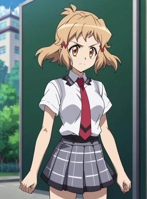 anime girl in school uniform standing in front of a building