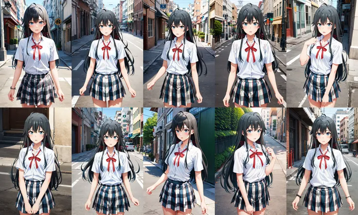 masterpiece, best quality, highres, aayukino, long hair, ahoge, hair ribbon, collarbone, neck ribbon, white shirt, short sleeves, plaid skirt, <lora:yukinoshita_yukino_v1:0.7>, standing, cowboy shot, street,