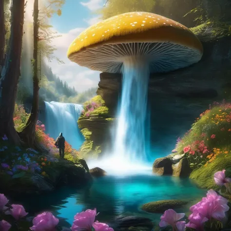 (An old wise man with a white beard receives the water of the waterfall in his face) The waterfall falls from a giant mushroom in an enchanted forest with waterfall, wisp, vines, flowers, roots, incorporeal form, magical energy.  From the top of the inside...