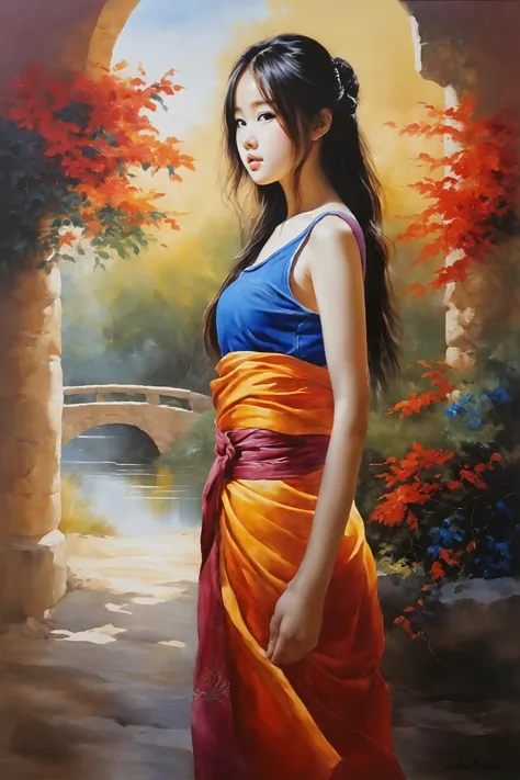 a painting of a woman in a colorful dress standing in front of a bridge