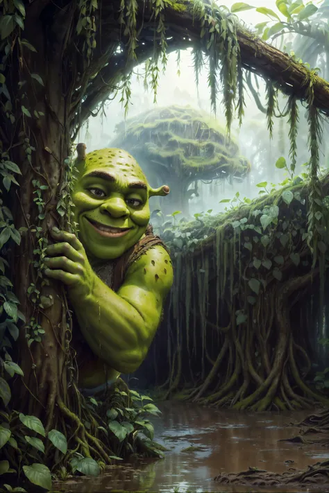 <lora:add_detail:0.4> <lora:ExoBioTech:0.8> (masterpiece, best quality, realistic, detailed, crisp:1.2), intricate details, exobiotech,  (shrex), <lora:ShrekDoguVersion2:0.6> smiling, peeking out upper body, hiding behind a tree, <lora:peeking_out_upper_bo...