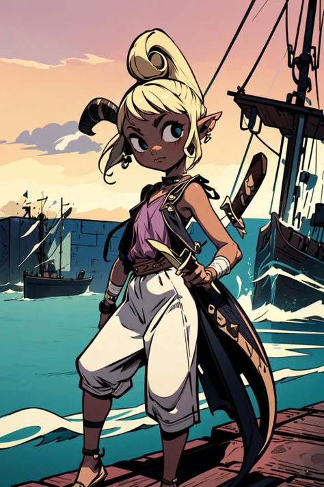 a cartoon girl standing on a dock with a sword