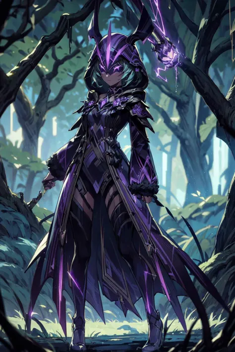 a woman in a purple outfit holding a sword in a forest