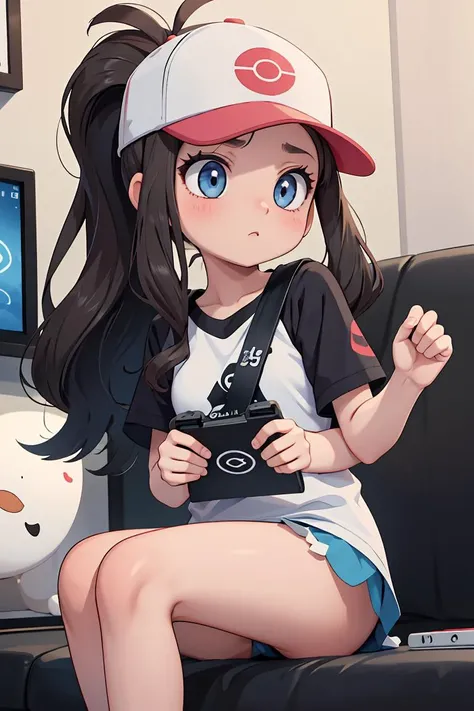 (masterpiece, best quality), 1girl,  <lora:hilda pokemon by Goofy Ai:1> hilda pokemon, baseball cap, high ponytail,long hair, blue eyes, playing games, monitor,