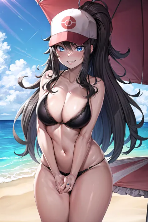 beautiful, (masterpiece), best quality, (extremely detailed face), extremely detailed eyes,  perfect lighting, OverallDetail, detailed, deep skin,textured skin,
,<lora:hilda pokemon by Goofy Ai:0.8>, hilda pokemon ,baseball cap, high ponytail,long hair, bl...