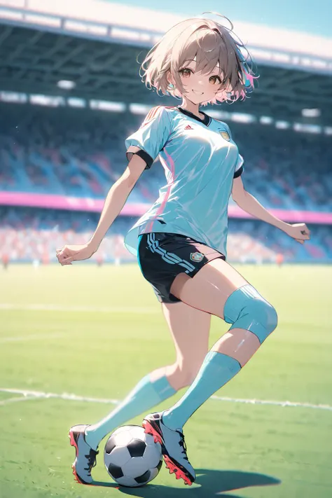 masterpiece, best quality,shiny,chromatic aberration abuse,pastel color,full body
1boy,short hair,solo,brown eyes, smile,
holding soccer,soccer field,soccer uniform,