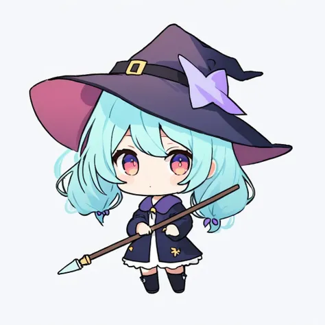 1girl, chibi, witch hat, twintails, holding staff, pastel color, white background, simple background, gradient, masterpiece, best quality