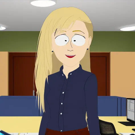 woman, standing up, smiling, blonde hair, in the office,  looking at viewer, blue shirt, blue jeans, south park style<lora:South Park Style:0.69>