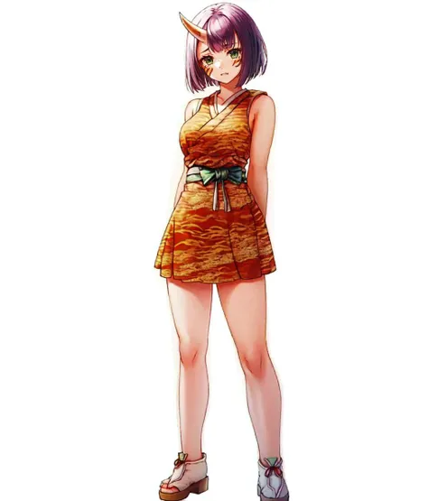 masterpiece, white background, simple background , standing, full body, 1girl, solo, looking at viewer, oni, ((tiger print)), single horn, slender, short hair, bob cut, purple hair, green eyes, fang, sad, bare arms, bare legs, face paint, white japanese cl...