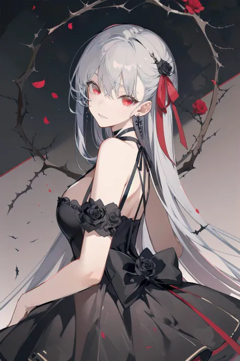 -siki, 1girl, solo, flower, dress, red eyes, rose, black dress, ribbon, jewelry, earrings, hair ribbon, looking at viewer, breasts, kama (fate), red flower, red ribbon, grey hair, bangs, red rose, black flower, white flower, bare shoulders, from side, cros...