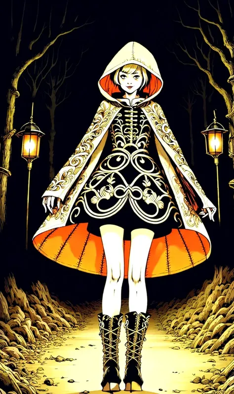 by junji ito, , Beige Vibrant Orange riding hood, ugly unhinged woman, dark dense forest, intricate cross-laced dress, high heel boots, dynamic posture, bent forward, cinematic composition, dramatic lighting by brass lantern, masterpiece, the greatest deta...