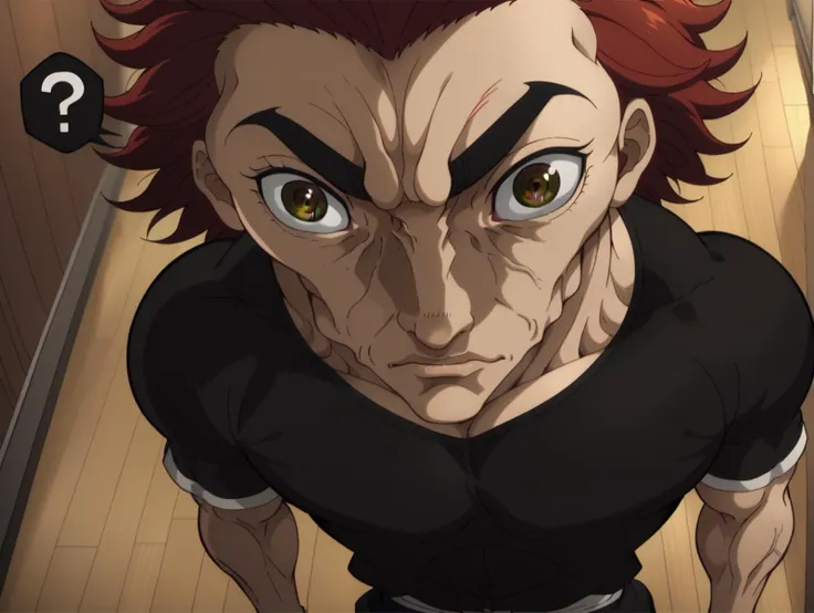 anime character with red hair and black shirt looking down