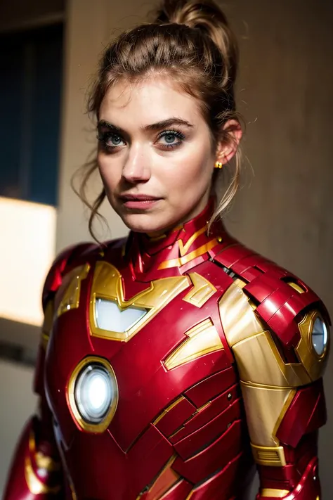 best quality,masterpiece,(iron Man uniform:1.4) ,pretty face,Rose hair accessories, earrings, eyeshadow,redlip,ponytail,open mouth,upper body,indoors ,(imogen poots), <lora:Imogen Poots V1:1>,looking at viewer,