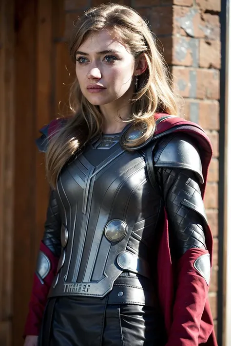 best quality,masterpiece,(Thor uniform:1.4) ,young teen face,Rose hair accessories, earrings, eyeshadow,redlip,ponytail,open mouth,upper body,indoors ,(imogen poots), <lora:Imogen Poots V1:1>,looking at viewer,