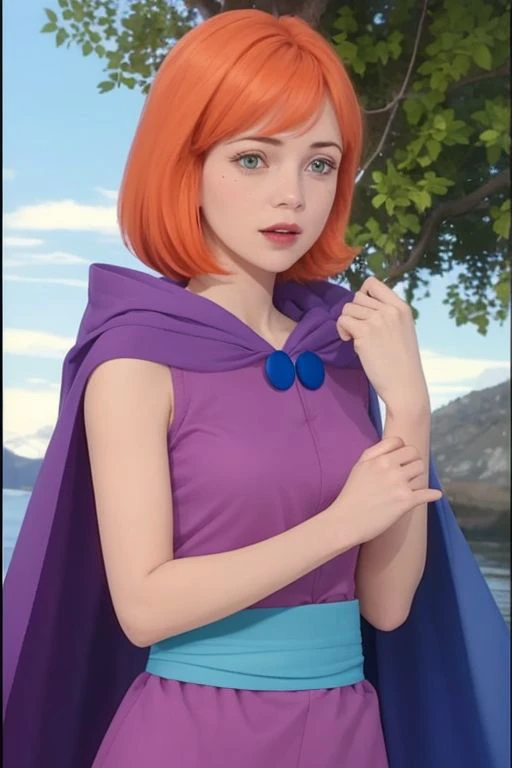 sheila  <lora:sheila_dnd_V1:1>, pink dress, purple cape, blue buttons, aqua sash, hood down, outdoors, upper body