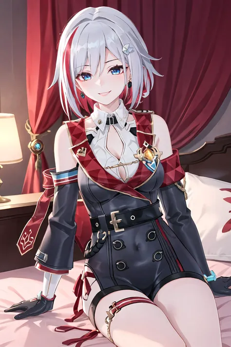 anime girl in a black and red outfit sitting on a bed